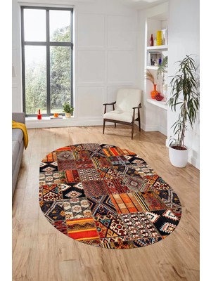 Evdeya Baskılı Kaymaz Taban Yıkanabilir Patchwork Desen Oval Yolluk Salon Halısı, O-Patchwork-06-Renkli,