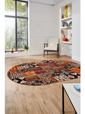 Evdeya Baskılı Kaymaz Taban Yıkanabilir Patchwork Desen Oval Yolluk Salon Halısı, O-Patchwork-06-Renkli,