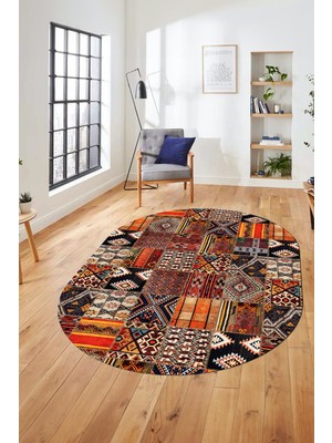 Evdeya Baskılı Kaymaz Taban Yıkanabilir Patchwork Desen Oval Yolluk Salon Halısı, O-Patchwork-06-Renkli,