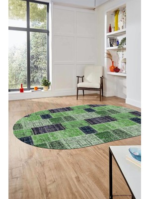 Evdeya Baskılı Kaymaz Taban Yıkanabilir Patchwork Desen Oval Yolluk Salon Halısı, O-Patchwork-07-Yeşil,