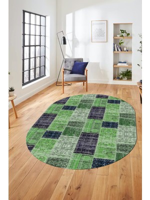 Evdeya Baskılı Kaymaz Taban Yıkanabilir Patchwork Desen Oval Yolluk Salon Halısı, O-Patchwork-07-Yeşil,