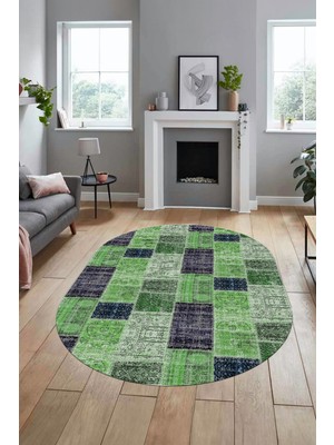 Evdeya Baskılı Kaymaz Taban Yıkanabilir Patchwork Desen Oval Yolluk Salon Halısı, O-Patchwork-07-Yeşil,