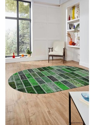 Evdeya Baskılı Kaymaz Taban Yıkanabilir Patchwork Desen Oval Yolluk Salon Halısı, O-Patchwork-09-Yeşil,