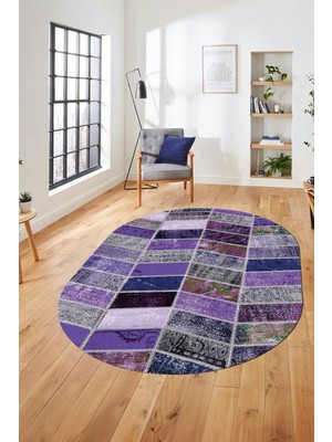 Evdeya Baskılı Kaymaz Taban Yıkanabilir Patchwork Desen Oval Yolluk Salon Halısı, O-Patchwork-10-Mor,