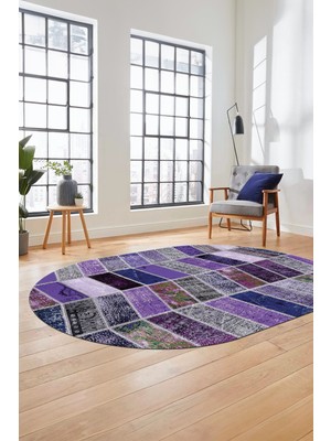 Evdeya Baskılı Kaymaz Taban Yıkanabilir Patchwork Desen Oval Yolluk Salon Halısı, O-Patchwork-10-Mor,