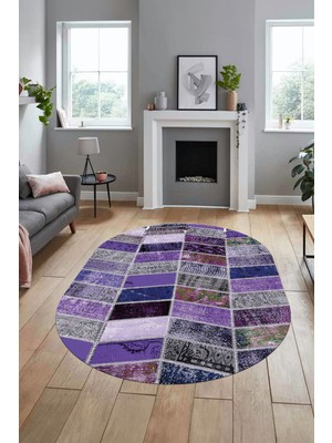 Evdeya Baskılı Kaymaz Taban Yıkanabilir Patchwork Desen Oval Yolluk Salon Halısı, O-Patchwork-10-Mor,