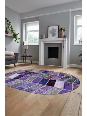 Evdeya Baskılı Kaymaz Taban Yıkanabilir Patchwork Desen Oval Yolluk Salon Halısı, O-Patchwork-10-Mor,