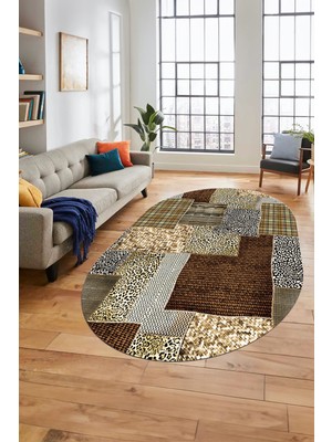 Evdeya Baskılı Kaymaz Taban Yıkanabilir Patchwork Desen Oval Yolluk Salon Halısı, O-Patchwork-15-Kahve,