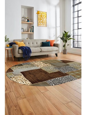 Evdeya Baskılı Kaymaz Taban Yıkanabilir Patchwork Desen Oval Yolluk Salon Halısı, O-Patchwork-15-Kahve,