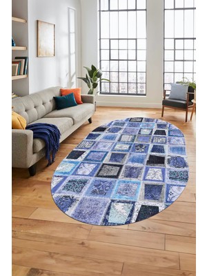 Evdeya Baskılı Kaymaz Taban Yıkanabilir Patchwork Desen Oval Yolluk Salon Halısı, O-Patchwork-14-Mavi,