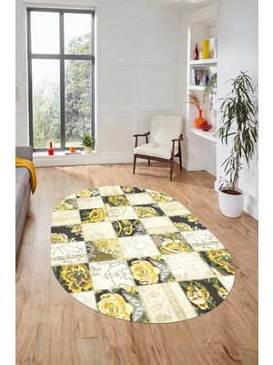 Evdeya Baskılı Kaymaz Taban Yıkanabilir Patchwork Desen Oval Yolluk Salon Halısı, O-Patchwork-19-Sarı,