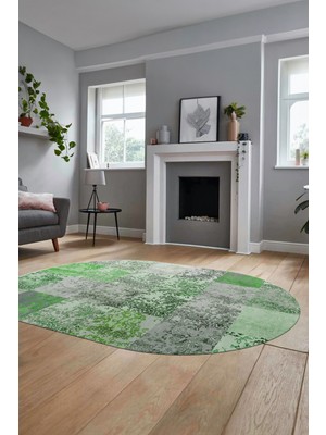 Evdeya Baskılı Kaymaz Taban Yıkanabilir Patchwork Desen Oval Yolluk Salon Halısı, O-Patchwork-17-Yeşil,