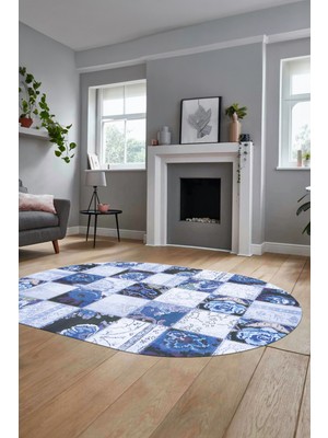 Evdeya Baskılı Kaymaz Taban Yıkanabilir Patchwork Desen Oval Yolluk Salon Halısı, O-Patchwork-19-Mavi,