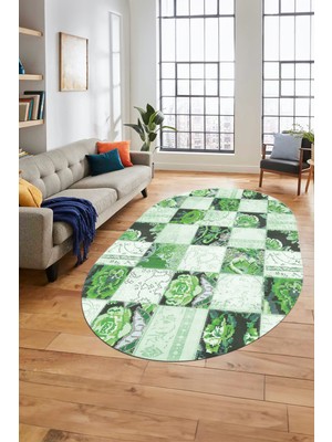 Evdeya Baskılı Kaymaz Taban Yıkanabilir Patchwork Desen Oval Yolluk Salon Halısı, O-Patchwork-19-Yeşil,