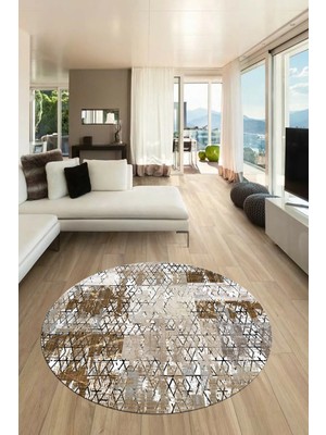 Evdeya Baskılı Kaymaz Yıkanabilir Patchwork Desen Yuvarlak Mutfak Salon Halısı, Y-Patchwork-05-Kahve,
