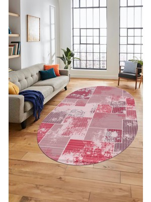 Evdeya Baskılı Kaymaz Taban Yıkanabilir Patchwork Desen Oval Yolluk Salon Halısı, O-Patchwork-20-Kırmızı,