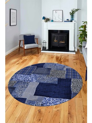 Evdeya Baskılı Kaymaz Yıkanabilir Patchwork Desen Yuvarlak Mutfak Salon Halısı, Y-Patchwork-15-Mavi,