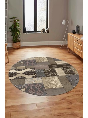 Evdeya Baskılı Kaymaz Yıkanabilir Patchwork Desen Yuvarlak Mutfak Salon Halısı, Y-Patchwork-16-Vizon,