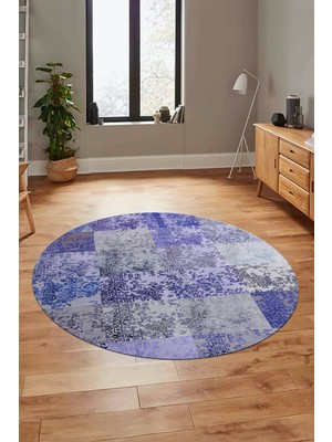 Evdeya Baskılı Kaymaz Yıkanabilir Patchwork Desen Yuvarlak Mutfak Salon Halısı, Y-Patchwork-17-Mavi,