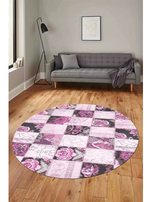 Evdeya Baskılı Kaymaz Yıkanabilir Patchwork Desen Yuvarlak Mutfak Salon Halısı, Y-Patchwork-19-Pembe,