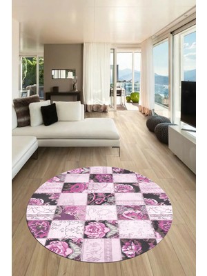 Evdeya Baskılı Kaymaz Yıkanabilir Patchwork Desen Yuvarlak Mutfak Salon Halısı, Y-Patchwork-19-Pembe,