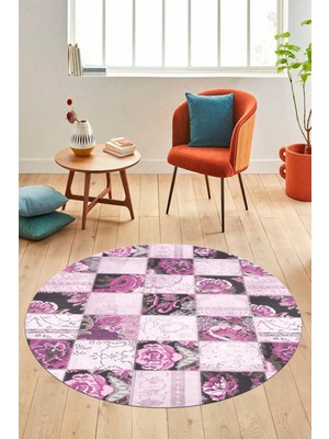 Evdeya Baskılı Kaymaz Yıkanabilir Patchwork Desen Yuvarlak Mutfak Salon Halısı, Y-Patchwork-19-Pembe,