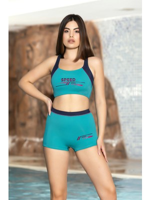 Kadın Yeşil Baskılı Sporcu Model  Şortlu Bady Bikini Takım HZL24S-AR1751