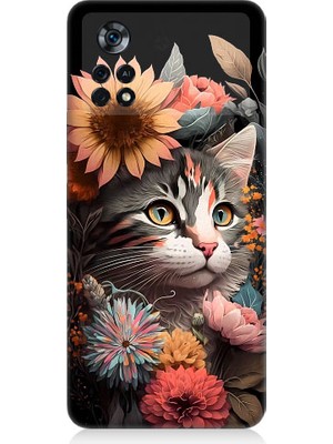 Teknomeg Xiaomi Poco X4 Pro 5g Uyumlu Çiçekler ve Kül Gri Kedi Desenli Silikon Kılıf