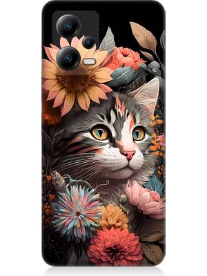 Teknomeg Xiaomi Poco X5 5g Uyumlu Çiçekler ve Kül Gri Kedi Desenli Silikon Kılıf