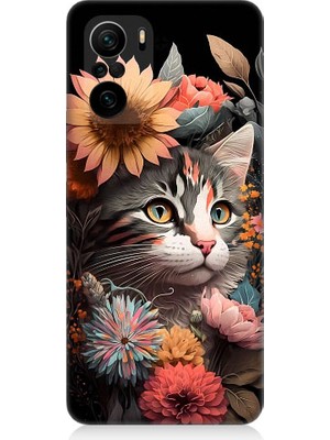 Teknomeg Xiaomi Poco F3 Uyumlu Çiçekler ve Kül Gri Kedi Desenli Silikon Kılıf