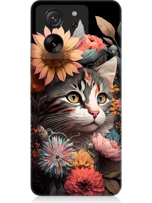 Teknomeg Xiaomi Mi 13T Pro Uyumlu Çiçekler ve Kül Gri Kedi Desenli Silikon Kılıf