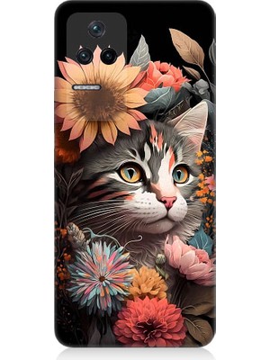 Teknomeg Xiaomi Poco F4 Uyumlu Çiçekler ve Kül Gri Kedi Desenli Silikon Kılıf