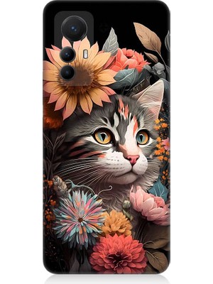 Teknomeg Xiaomi Mi 12 Pro Uyumlu Çiçekler ve Kül Gri Kedi Desenli Silikon Kılıf