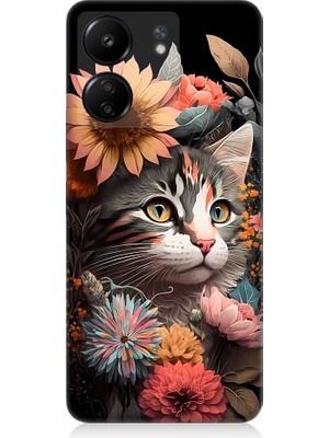 Teknomeg Xiaomi Redmi 13C Uyumlu Çiçekler ve Kül Gri Kedi Desenli Silikon Kılıf
