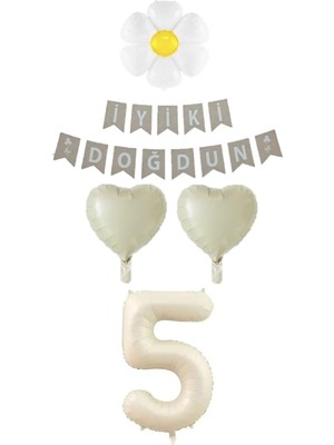 Best Parti 5 Yaş Papatyalı Rakam Kalp Folyo Balon Doğum Günü Seti