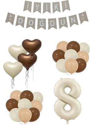 Best Parti 8 Yaş Bej Rakam Kalp Folyo Balon ve Iyiki Doğdun Yazılı Doğum Günü Seti
