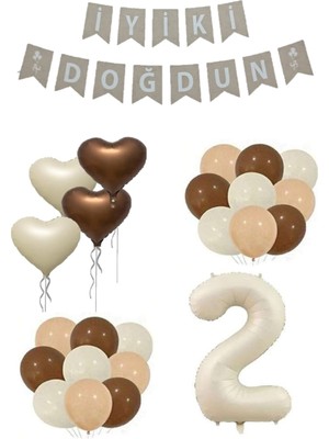 Best Parti 2 Yaş Bej Rakam Kalp Folyo Balon ve Iyiki Doğdun Yazılı Doğum Günü Seti
