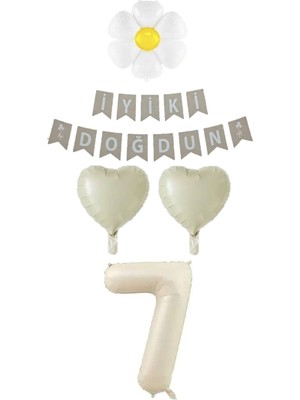 Rönesans Parti 7 Yaş Papatyalı Rakam Kalp Folyo Balon Doğum Günü Seti