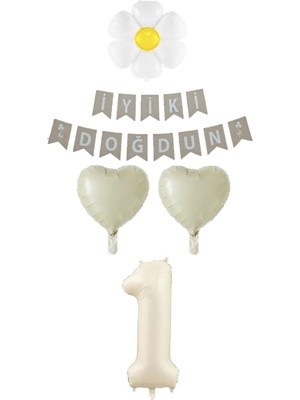 Bal10 Dünyası 1 Yaş Papatyalı Rakam Kalp Folyo Balon Doğum Günü Seti