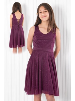 Modaviki Sırt Detaylı Tül Abiye Elbise Mürdüm MDV942