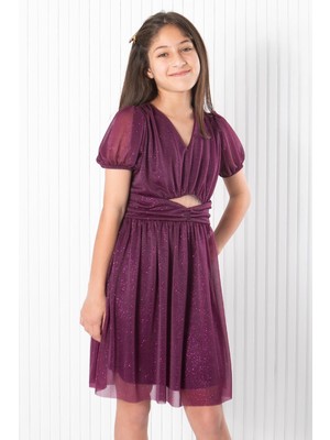 Modaviki Balon Kol Simli Tül Abiye Elbise Mürdüm MDV936