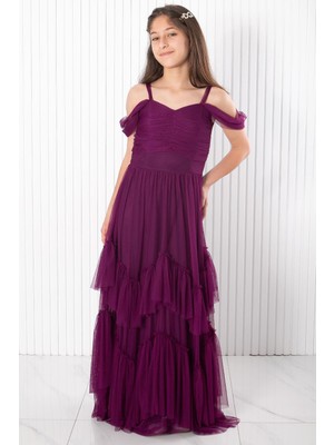 Modaviki Omuz Detaylı Tül Abiye Mürdüm MDV930