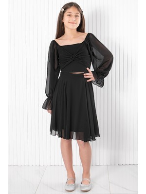 Modaviki Balon Kol Şifon Abiye Elbise Siyah MDV934