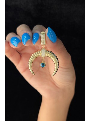 Fiyonk Kuyumculuk 14 Ayar Altın Taşlı Kilitli Göz Detaylı Ters Ay Büyük Kolye Ucu