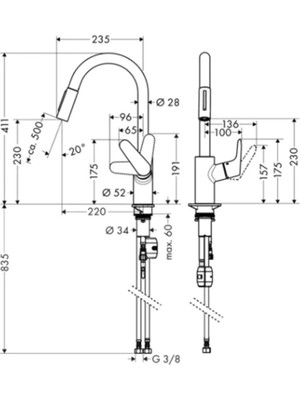 Hansgrohe Focus M41 Tek Kollu Eviye Bataryası 240, Çekilebilir El Duşu, 2jet 31815670