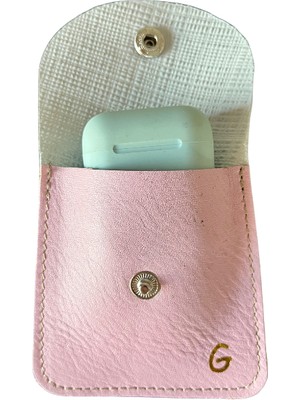 Pinkylola Design G Harfi Açık Mavi Jean Dokulu Pembe  Deri Mini Bozuk Para Cüzdanı, Airpod Kılıf (Kare Model)