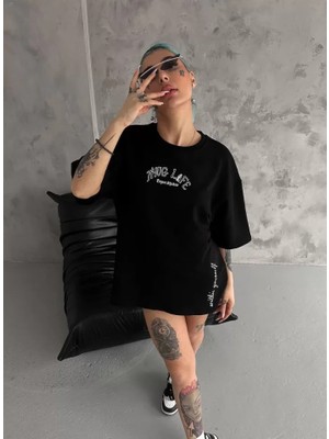 Stock Mount Baskılı Oversize T-Shirt - Siyah