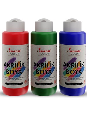 Red Rose Kırmızı-Mavi-Yeşil Akrilik Boya 3'lü Set 3X120 ml Dekoratif, Hobi Amaçlı, Sanatsal, Canlı Renkler