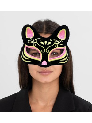Evimdeyokyok Siyah Renk Süet Kaplama Üzeri Pembe Sarı Simli Kedi Maskesi 17X14 cm