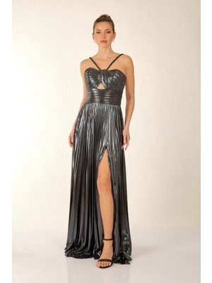 ALFABETA Boyundan Bağlamalı Yırtmaç Detaylı Siyah-Mavi Kadın Abiye 2246610